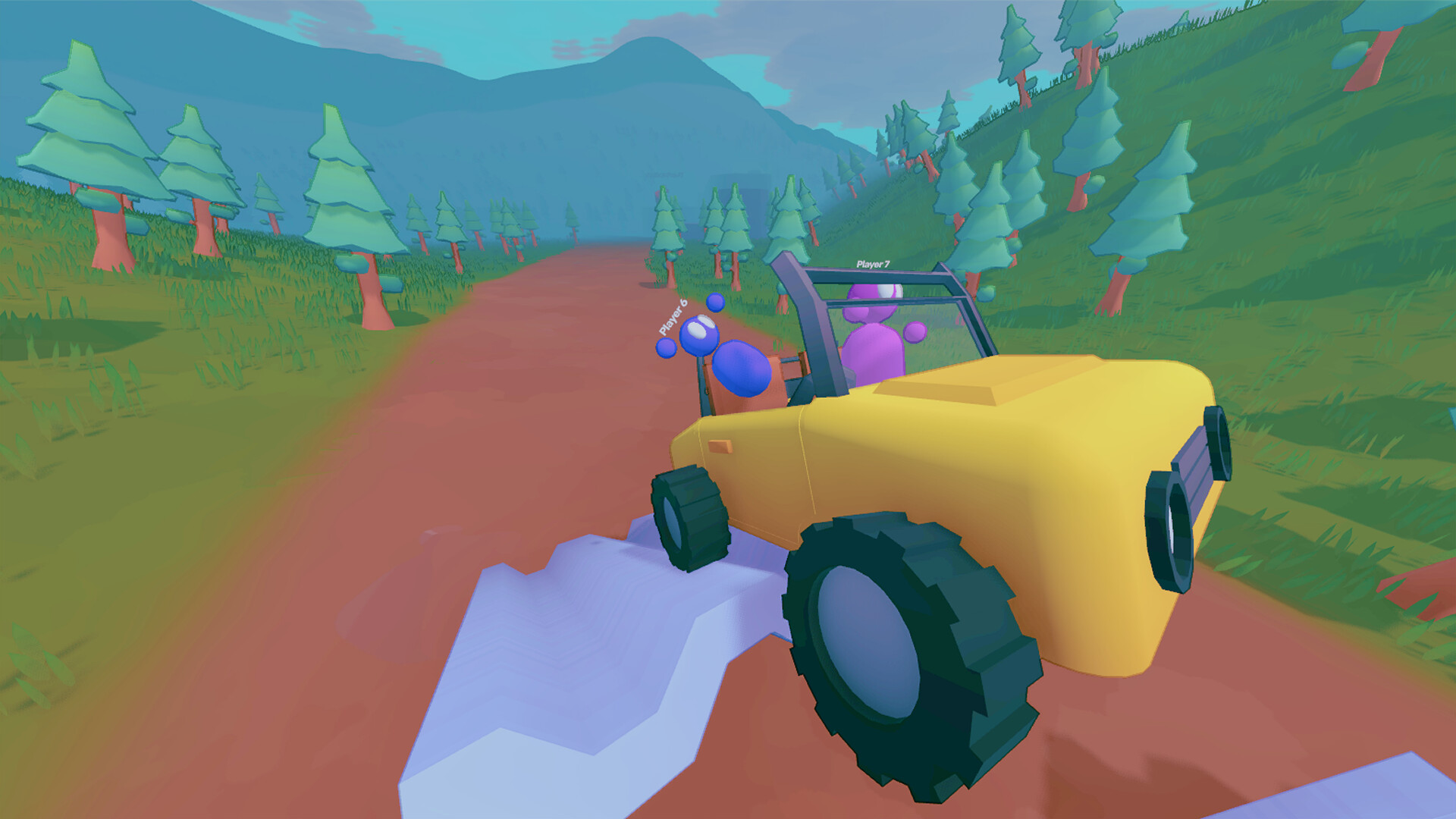 A yellow open-top car with two players aboard drives down a dirt road through a pine forest